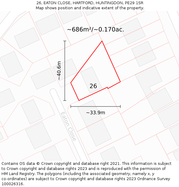 26, EATON CLOSE, HARTFORD, HUNTINGDON, PE29 1SR: Plot and title map