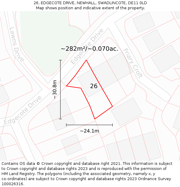 26, EDGECOTE DRIVE, NEWHALL, SWADLINCOTE, DE11 0LD: Plot and title map