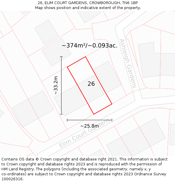 26, ELIM COURT GARDENS, CROWBOROUGH, TN6 1BP: Plot and title map