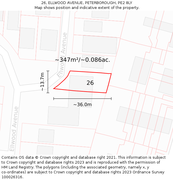 26, ELLWOOD AVENUE, PETERBOROUGH, PE2 8LY: Plot and title map