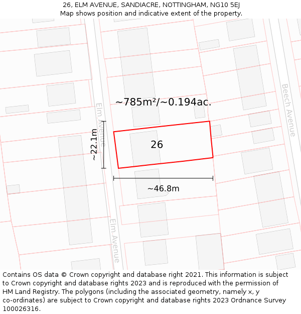 26, ELM AVENUE, SANDIACRE, NOTTINGHAM, NG10 5EJ: Plot and title map