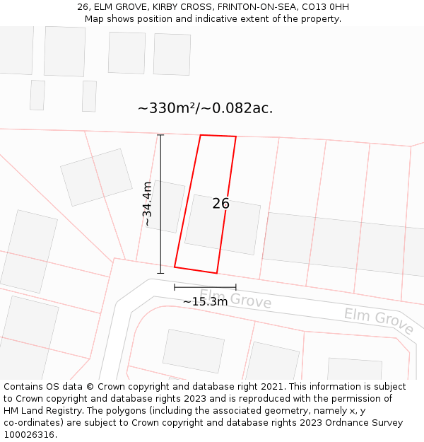 26, ELM GROVE, KIRBY CROSS, FRINTON-ON-SEA, CO13 0HH: Plot and title map