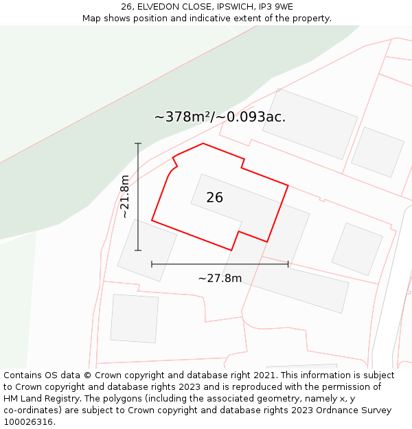 26, ELVEDON CLOSE, IPSWICH, IP3 9WE: Plot and title map