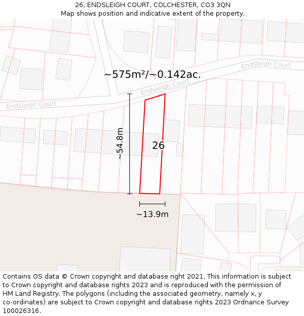 26, ENDSLEIGH COURT, COLCHESTER, CO3 3QN: Plot and title map
