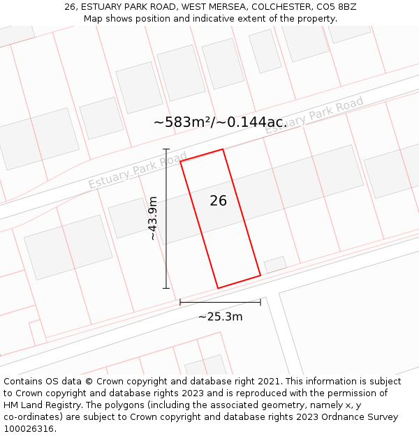 26, ESTUARY PARK ROAD, WEST MERSEA, COLCHESTER, CO5 8BZ: Plot and title map