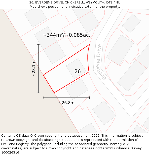 26, EVERDENE DRIVE, CHICKERELL, WEYMOUTH, DT3 4NU: Plot and title map
