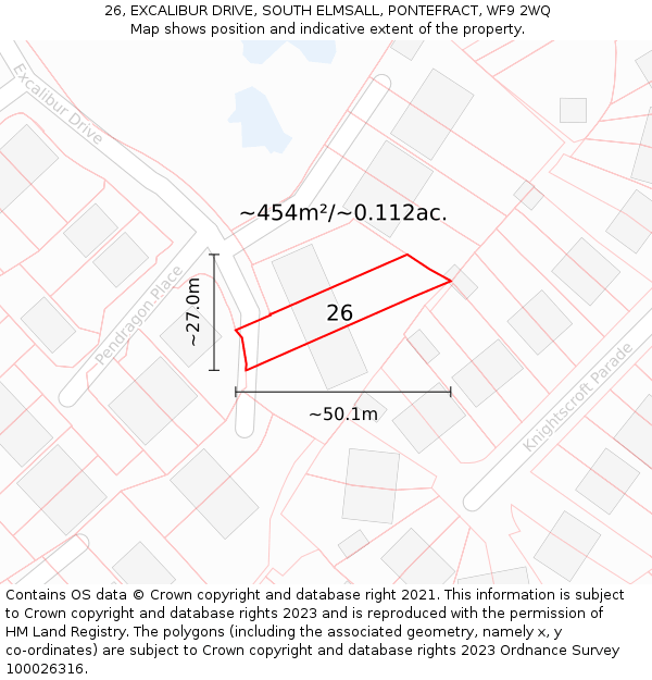 26, EXCALIBUR DRIVE, SOUTH ELMSALL, PONTEFRACT, WF9 2WQ: Plot and title map