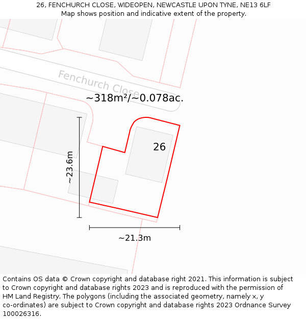 26, FENCHURCH CLOSE, WIDEOPEN, NEWCASTLE UPON TYNE, NE13 6LF: Plot and title map