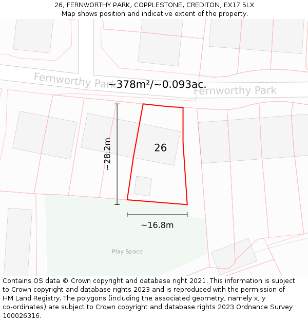 26, FERNWORTHY PARK, COPPLESTONE, CREDITON, EX17 5LX: Plot and title map