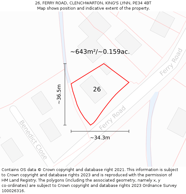 26, FERRY ROAD, CLENCHWARTON, KING'S LYNN, PE34 4BT: Plot and title map