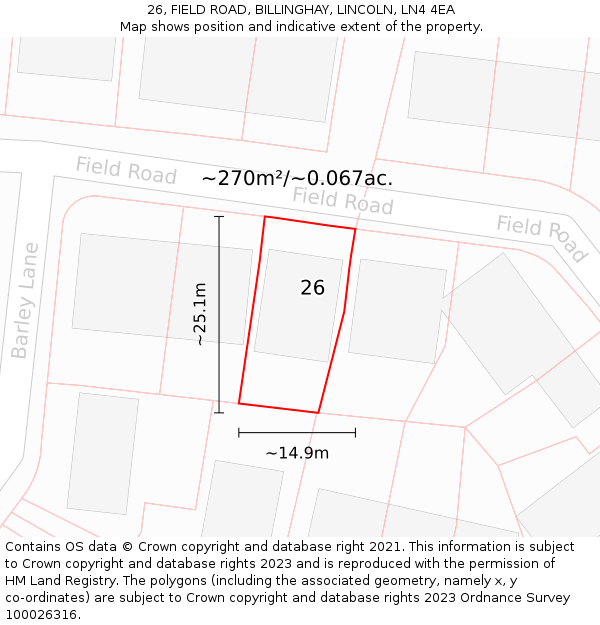26, FIELD ROAD, BILLINGHAY, LINCOLN, LN4 4EA: Plot and title map