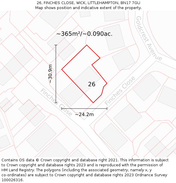 26, FINCHES CLOSE, WICK, LITTLEHAMPTON, BN17 7GU: Plot and title map
