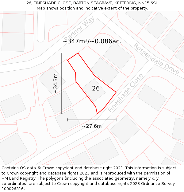 26, FINESHADE CLOSE, BARTON SEAGRAVE, KETTERING, NN15 6SL: Plot and title map