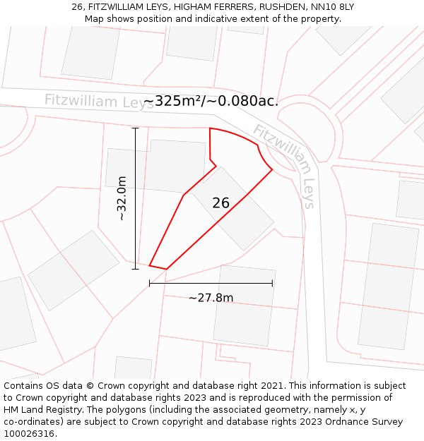 26, FITZWILLIAM LEYS, HIGHAM FERRERS, RUSHDEN, NN10 8LY: Plot and title map