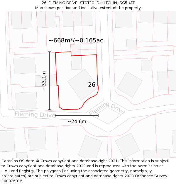 26, FLEMING DRIVE, STOTFOLD, HITCHIN, SG5 4FF: Plot and title map