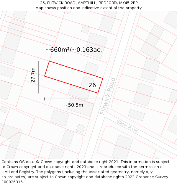 26, FLITWICK ROAD, AMPTHILL, BEDFORD, MK45 2RP: Plot and title map