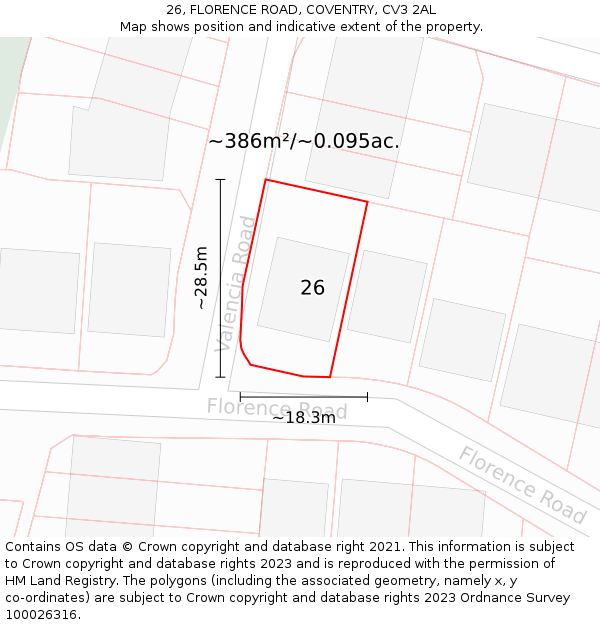 26, FLORENCE ROAD, COVENTRY, CV3 2AL: Plot and title map