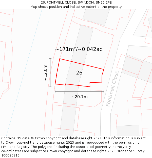 26, FONTMELL CLOSE, SWINDON, SN25 2PE: Plot and title map