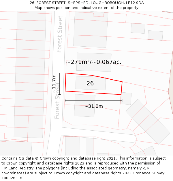 26, FOREST STREET, SHEPSHED, LOUGHBOROUGH, LE12 9DA: Plot and title map