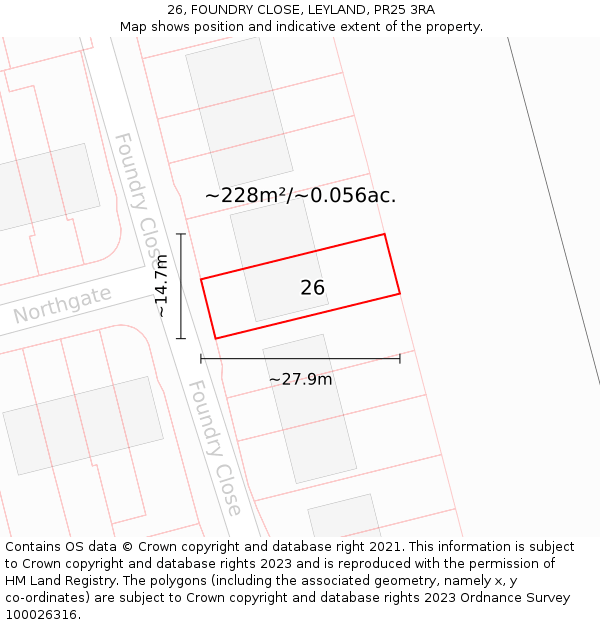 26, FOUNDRY CLOSE, LEYLAND, PR25 3RA: Plot and title map