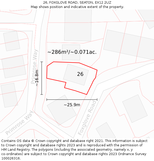 26, FOXGLOVE ROAD, SEATON, EX12 2UZ: Plot and title map