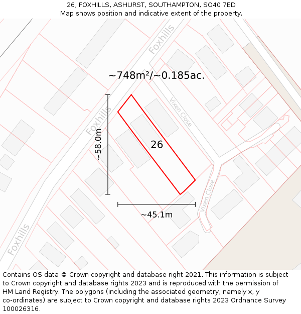 26, FOXHILLS, ASHURST, SOUTHAMPTON, SO40 7ED: Plot and title map