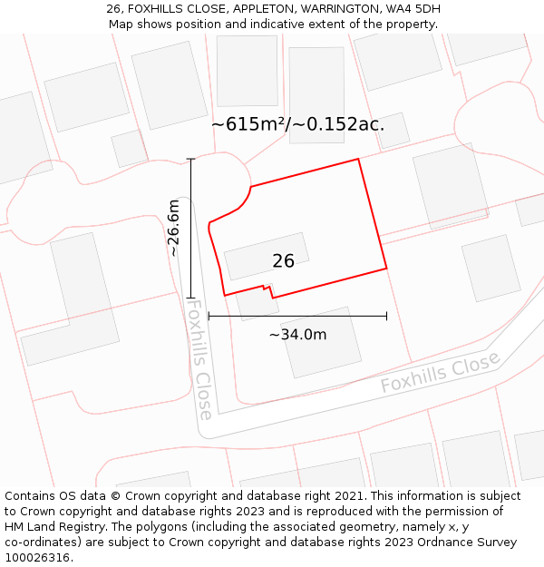26, FOXHILLS CLOSE, APPLETON, WARRINGTON, WA4 5DH: Plot and title map