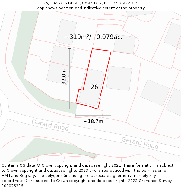 26, FRANCIS DRIVE, CAWSTON, RUGBY, CV22 7FS: Plot and title map