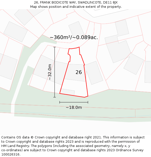 26, FRANK BODICOTE WAY, SWADLINCOTE, DE11 8JX: Plot and title map