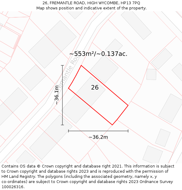 26, FREMANTLE ROAD, HIGH WYCOMBE, HP13 7PQ: Plot and title map