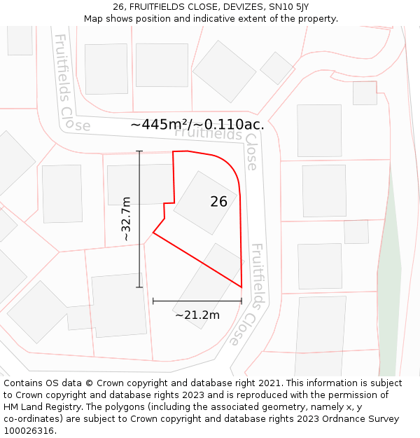 26, FRUITFIELDS CLOSE, DEVIZES, SN10 5JY: Plot and title map