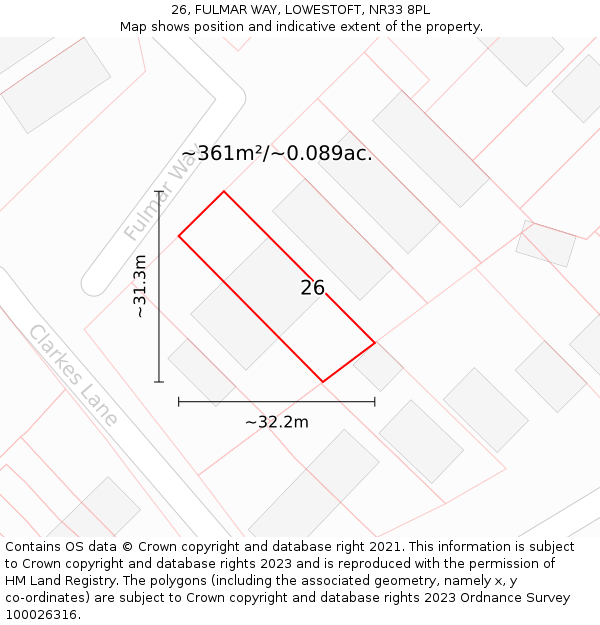 26, FULMAR WAY, LOWESTOFT, NR33 8PL: Plot and title map