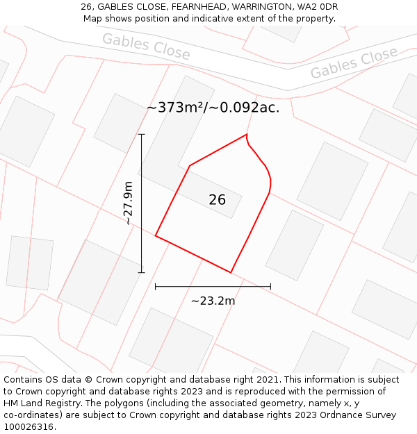 26, GABLES CLOSE, FEARNHEAD, WARRINGTON, WA2 0DR: Plot and title map