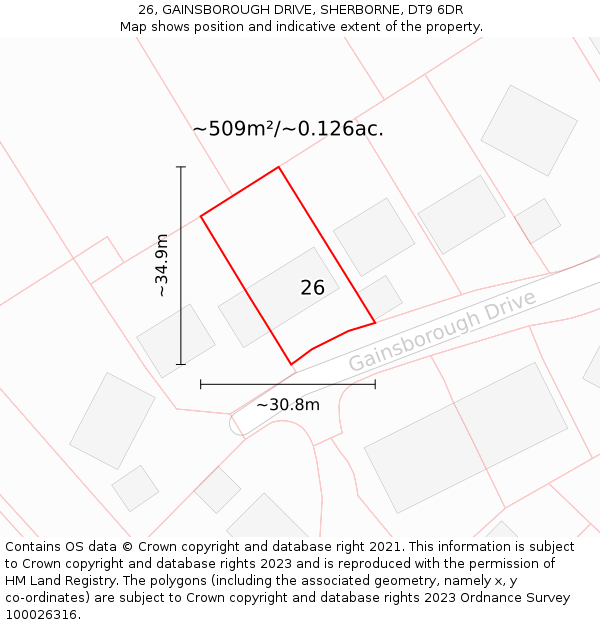 26, GAINSBOROUGH DRIVE, SHERBORNE, DT9 6DR: Plot and title map