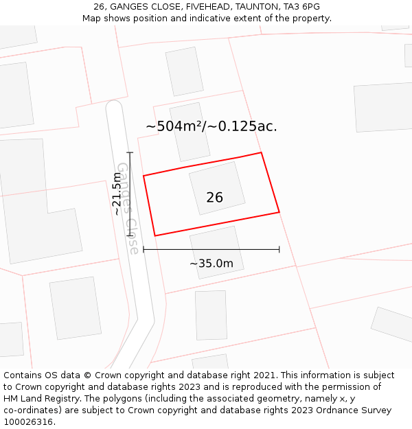 26, GANGES CLOSE, FIVEHEAD, TAUNTON, TA3 6PG: Plot and title map