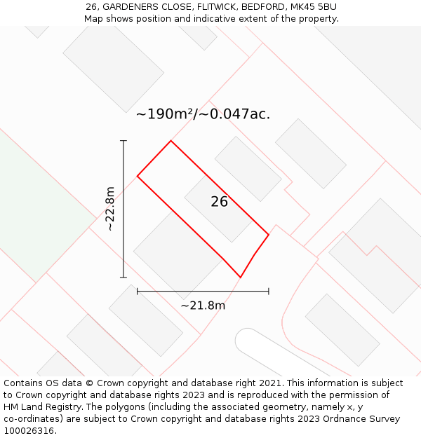 26, GARDENERS CLOSE, FLITWICK, BEDFORD, MK45 5BU: Plot and title map