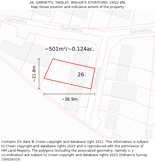 26, GARNETTS, TAKELEY, BISHOP'S STORTFORD, CM22 6RL: Plot and title map