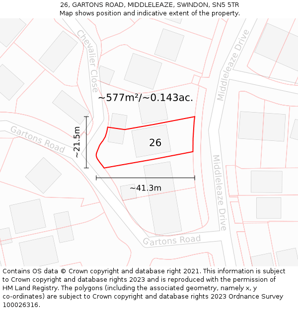 26, GARTONS ROAD, MIDDLELEAZE, SWINDON, SN5 5TR: Plot and title map