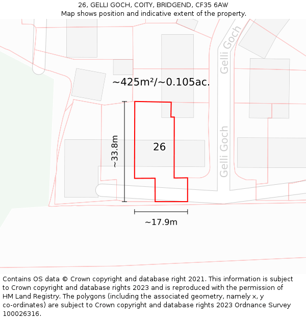 26, GELLI GOCH, COITY, BRIDGEND, CF35 6AW: Plot and title map