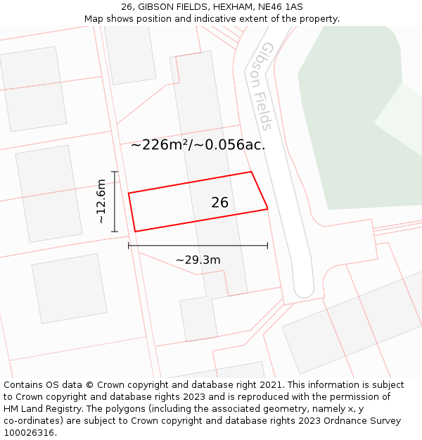 26, GIBSON FIELDS, HEXHAM, NE46 1AS: Plot and title map