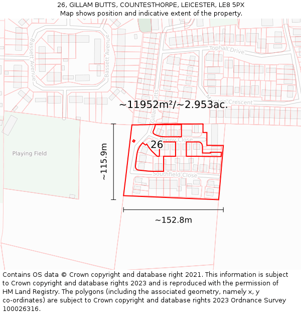 26, GILLAM BUTTS, COUNTESTHORPE, LEICESTER, LE8 5PX: Plot and title map