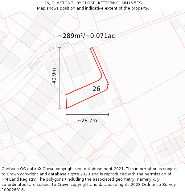26, GLASTONBURY CLOSE, KETTERING, NN15 5ES: Plot and title map