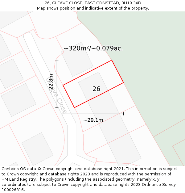 26, GLEAVE CLOSE, EAST GRINSTEAD, RH19 3XD: Plot and title map