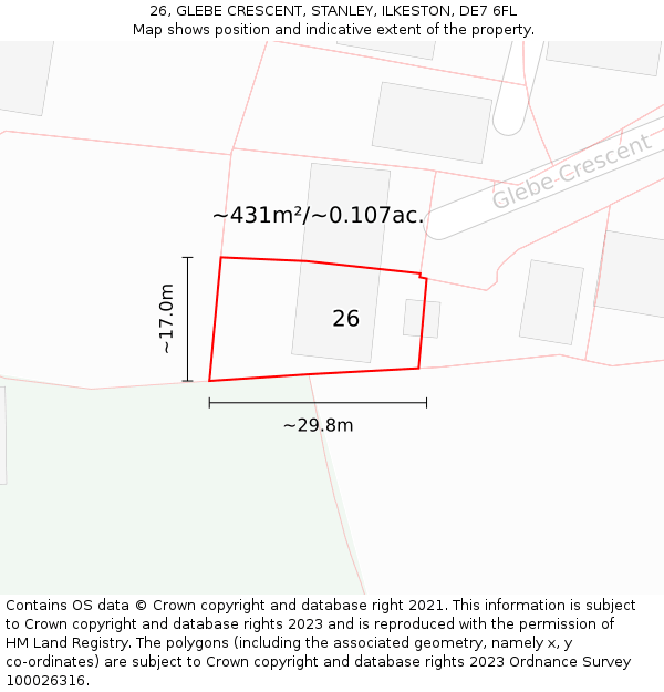 26, GLEBE CRESCENT, STANLEY, ILKESTON, DE7 6FL: Plot and title map