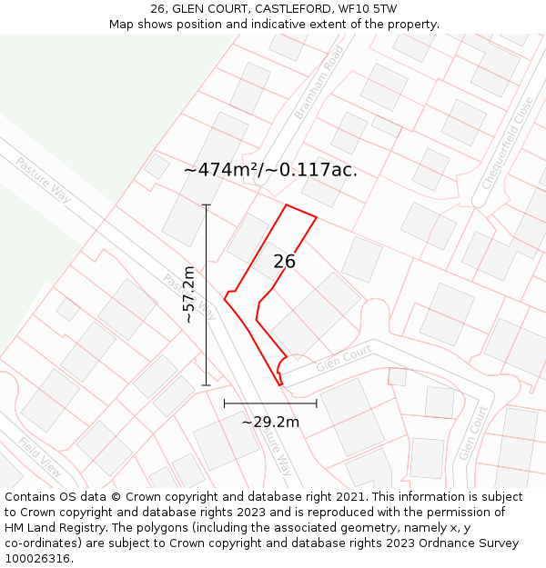 26, GLEN COURT, CASTLEFORD, WF10 5TW: Plot and title map