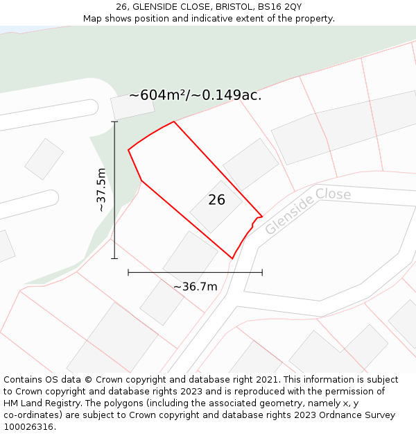 26, GLENSIDE CLOSE, BRISTOL, BS16 2QY: Plot and title map