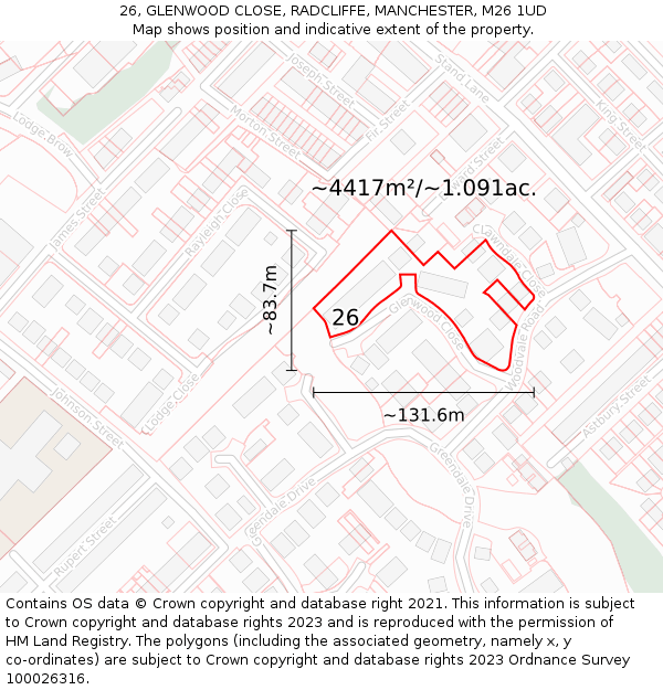 26, GLENWOOD CLOSE, RADCLIFFE, MANCHESTER, M26 1UD: Plot and title map