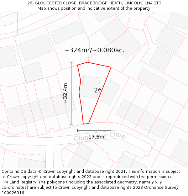 26, GLOUCESTER CLOSE, BRACEBRIDGE HEATH, LINCOLN, LN4 2TB: Plot and title map
