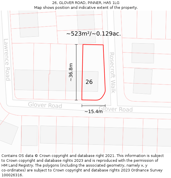 26, GLOVER ROAD, PINNER, HA5 1LG: Plot and title map