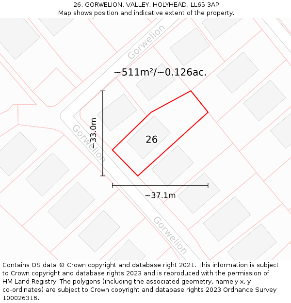 26, GORWELION, VALLEY, HOLYHEAD, LL65 3AP: Plot and title map